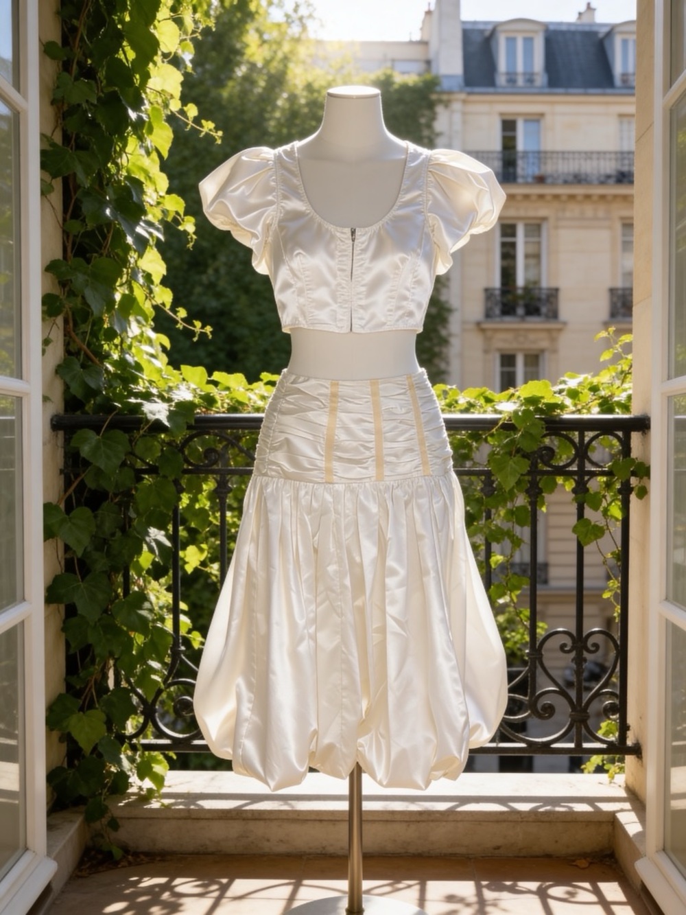 Ulla Johnson Ivory Satin Puff-Sleeve Crop Top & Bubble Midi Skirt Set